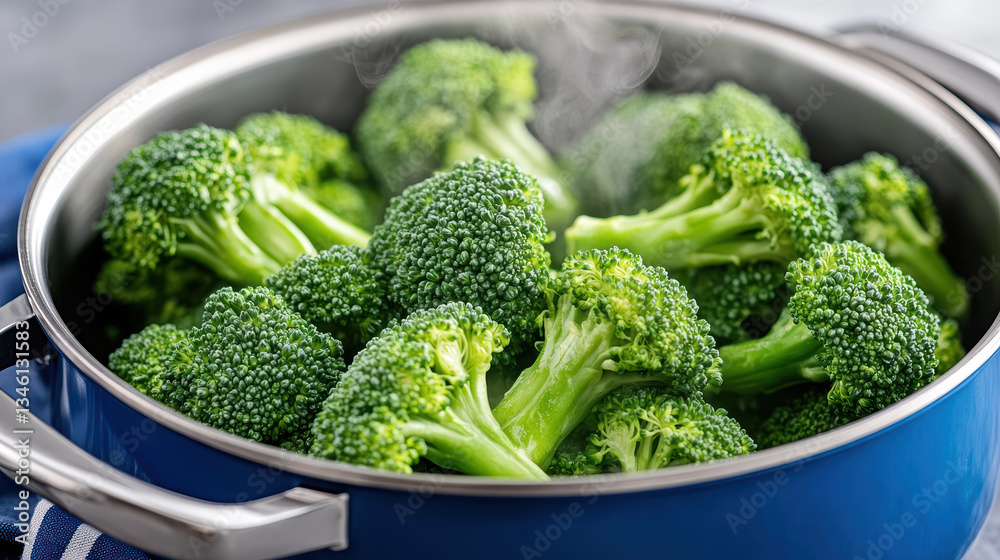 Fresh green broccoli florets steaming in pot, showcasing vibrant colors and healthy appeal Fresh green broccoli florets steaming in pot, showcasing vibrant colors and healthy appeal