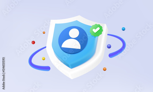 Shield security system protection confirm verified checkmark Account profile name personal online unlock username password login website or application network database. 3d vector icon. illustration