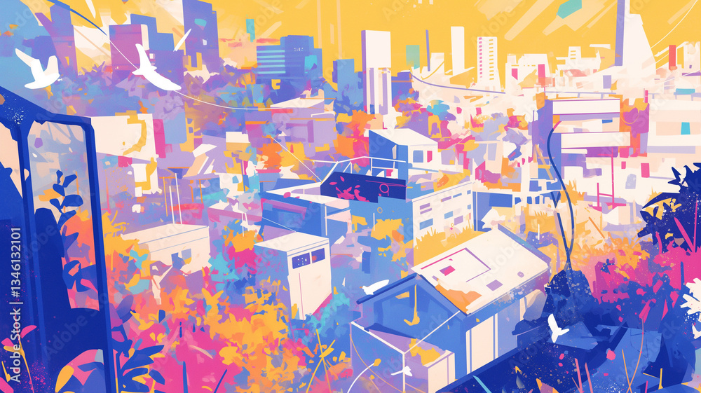 Fototapeta premium レトロモダンな日本の都市風景 未来的な建築と青空 イラスト背景素材 交通と都市の融合 シティライフ アートポスター向け