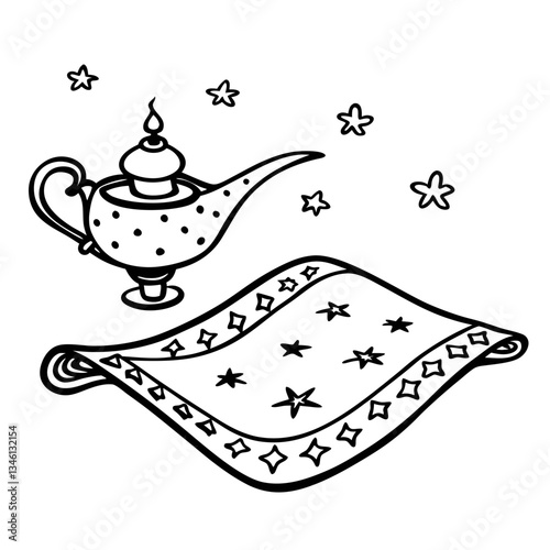 Magic Lamp and Flying Carpet Illustration with Stars Fantasy  Art