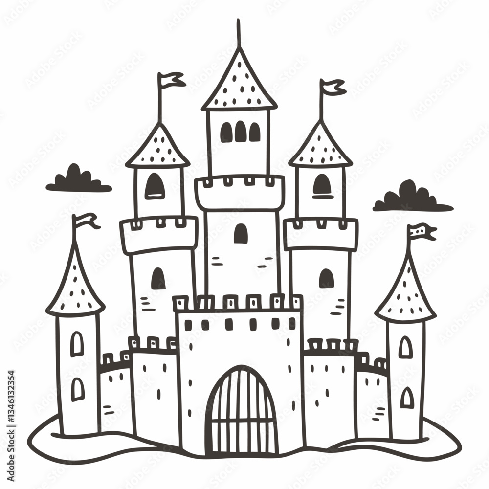 Fototapeta premium Hand Drawn Castle Illustration with Towers and Flags in Black and White