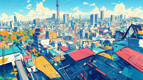 ノスタルジックな都市風景 日本の街角 カラフルな建築と青空 デジタルアート 未来都市 交通が行き交う風景 シティライフ 商用利用可能