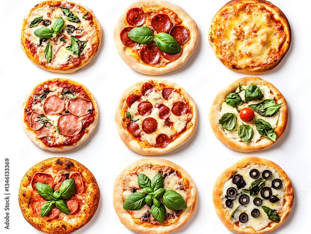 Nine delicious mini pizzas with various toppings arranged on a white background perfect for a food blog or restaurant menu. Nine delicious mini pizzas with various toppings arranged on a white background perfect for a food blog or restaurant menu.