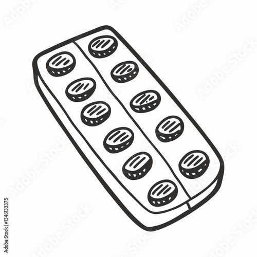 Monochrome Hand Drawn Blister Pack of Pills Illustration for Healthcare and Medical Concepts