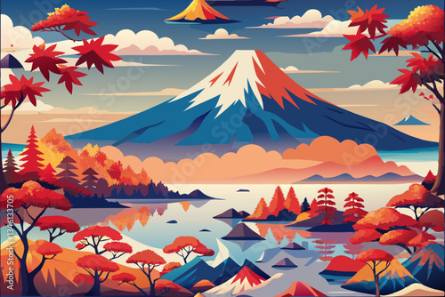 Serene Mountainscape: A breathtaking illustration presents a stylized view of a snow-capped mountain rising majestically above a tranquil lake, surrounded by vibrant autumnal foliage.