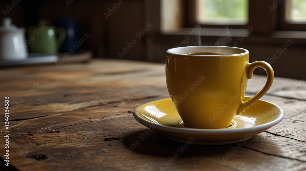 Obraz premium Coffee cup on old kitchen table