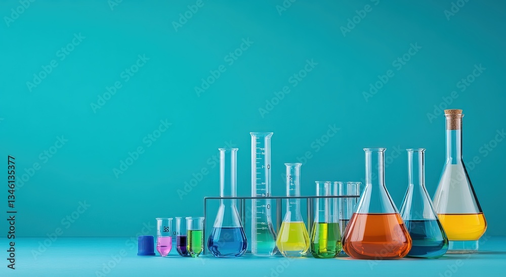 Laboratory glassware with blue liquid on abstract background. AI generated image Laboratory glassware with blue liquid on abstract background. AI generated image