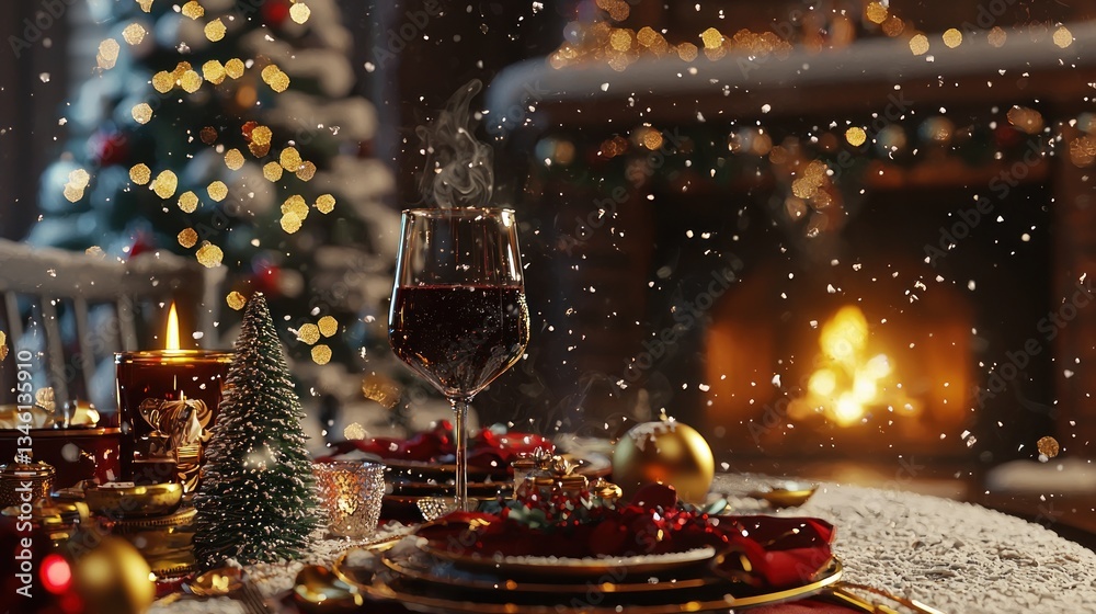 Cozy Christmas Eve Dinner: A Festive Table Setting with Warm Lighting and Falling Snow Cozy Christmas Eve Dinner: A Festive Table Setting with Warm Lighting and Falling Snow