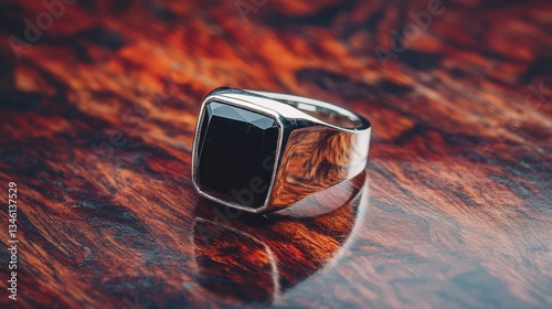 A mens signet ring with an onyx stone displayed on a polished mahogany backdrop