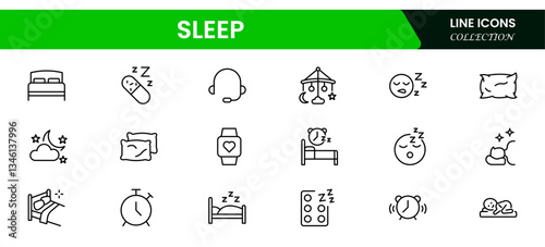Sleep line icon set. Sleeping person, sleep, night rest, bed, pillow, sleeping pills, earplugs, moon, lullaby, bedtime story and more. Vector pictogram collection.