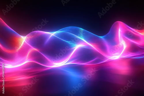 Futuristic Abstract Background with Glowing Neon Pink and Blue Wave Lines and Bokeh Lights in Cyberpunk Design