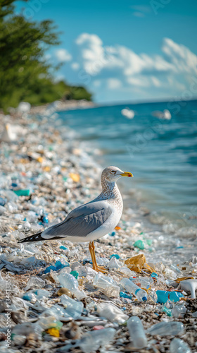 Seagull is standing among plastic waste on the beach. Rubbish are lying on the seashore after storm. Pollution on marine environments. Concept of environmental conservation and ecology. Vertical photo