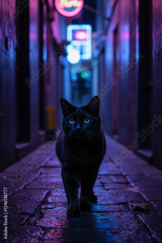 A black cat with green eyes walking in a narrow alley with brick walls and floor, illuminated by blue and purple neon lights