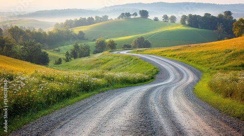 Serene country road winding through lush hills at dawn