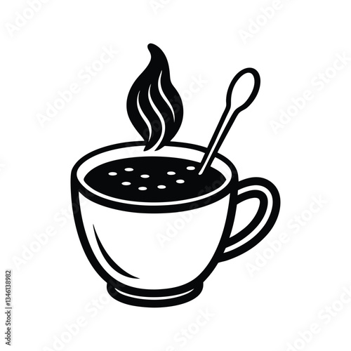 A black and white vector art illustration of a spoon stirring a cup of hot chocolate.eps