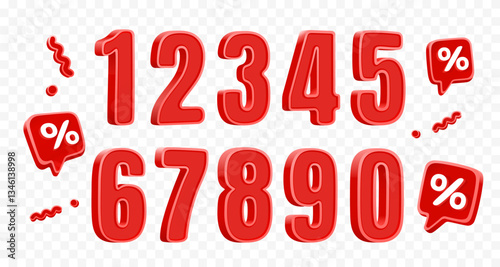 Red numbers, volumetric symbols, set of numbers for sale. Vector illustration 