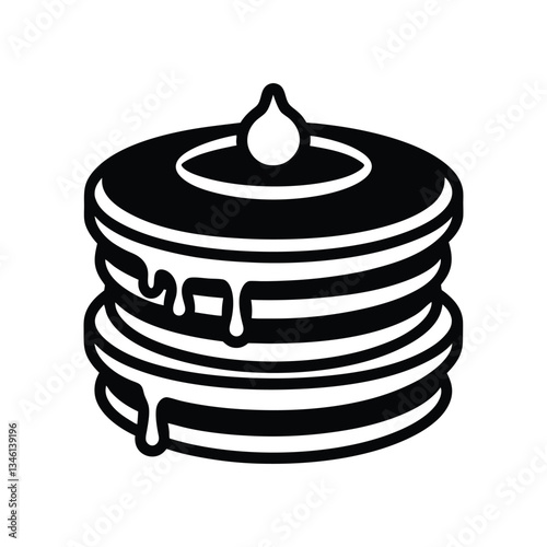 A black and white vector art illustration of a stack of pancakes with syrup dripping down.eps
