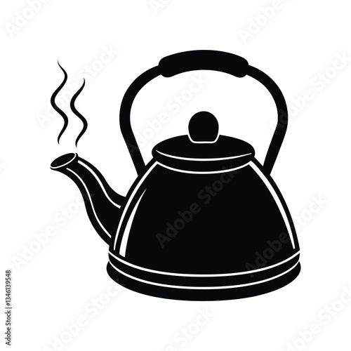 A black and white vector art illustration of a tea kettle with steam coming from the spout.eps