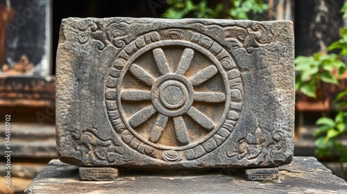 Ancient Stone Wheel Carving with Intricate Designs and Patterns