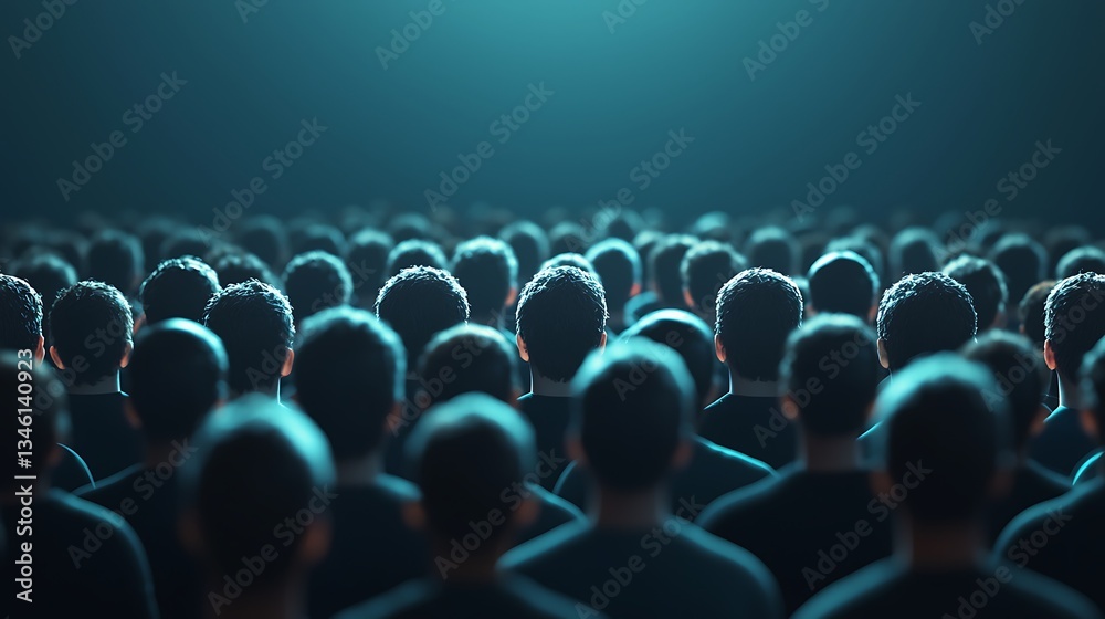 Obraz premium A crowd of people stands in a dark setting, illuminated by a soft blue light, creating a sense of unity and anonymity among the individuals.