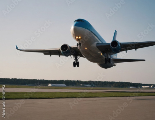 Passenger plane takes off on the runway. Realistic illustration