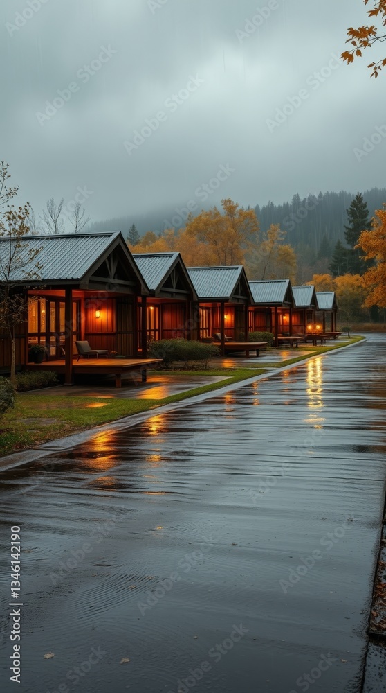 Obraz premium Serenity in the rain at cozy cabins with autumn colors and soft evening light