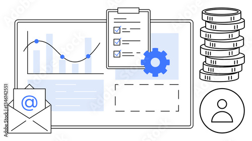 Digital dashboard of analytics, clipboard checklist, stack of coins, email icon, and user icon. Ideal for business, project management, productivity, analytics growth organization flat simple
