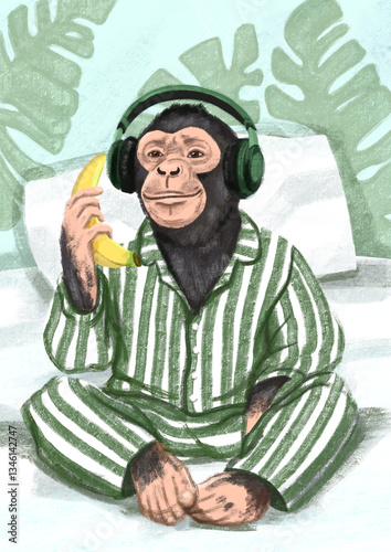 Monkey dressed in striped pajamas sits in bed with headphones and holds banana like phone, digital drawing, colored pencils. Anthropomorphic animal