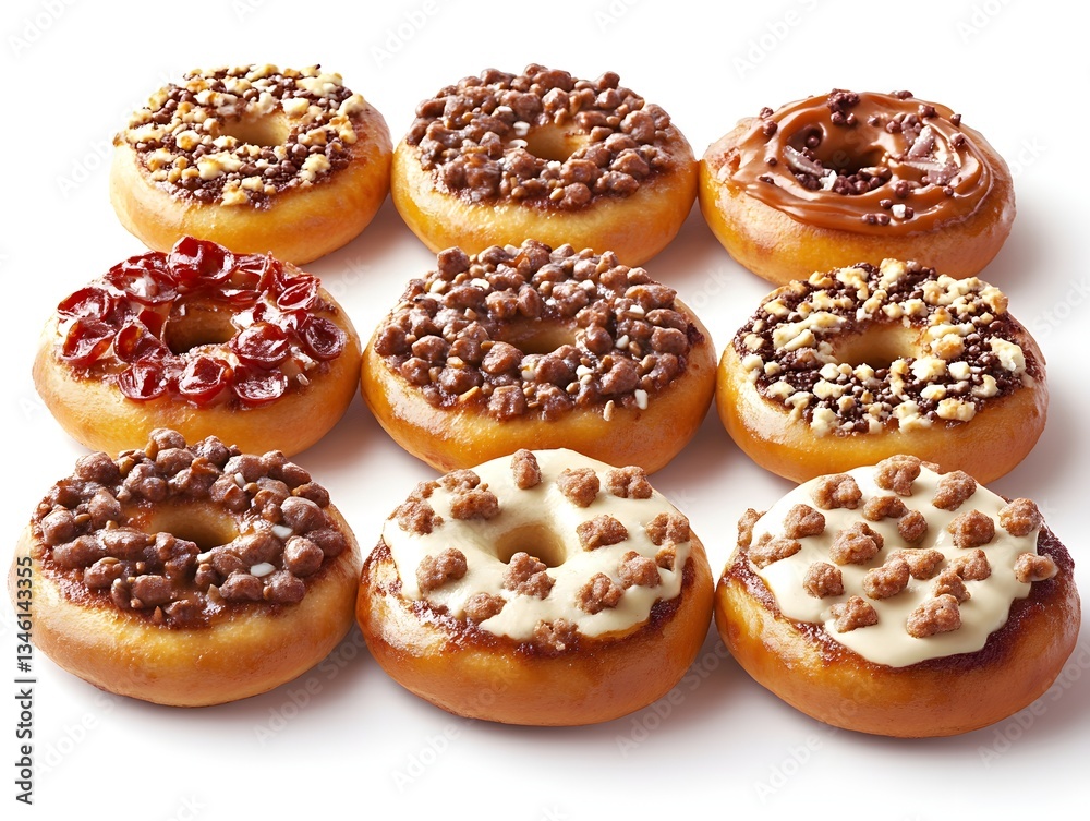 A delectable assortment of twelve gourmet donuts showcases various toppings including chocolate sprinkles, caramel and fruity jellies arranged neatly A delectable assortment of twelve gourmet donuts showcases various toppings including chocolate sprinkles, caramel and fruity jellies arranged neatly