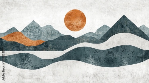 Abstract Mountain Landscape with Sunset, and Minimalist Art. (1)