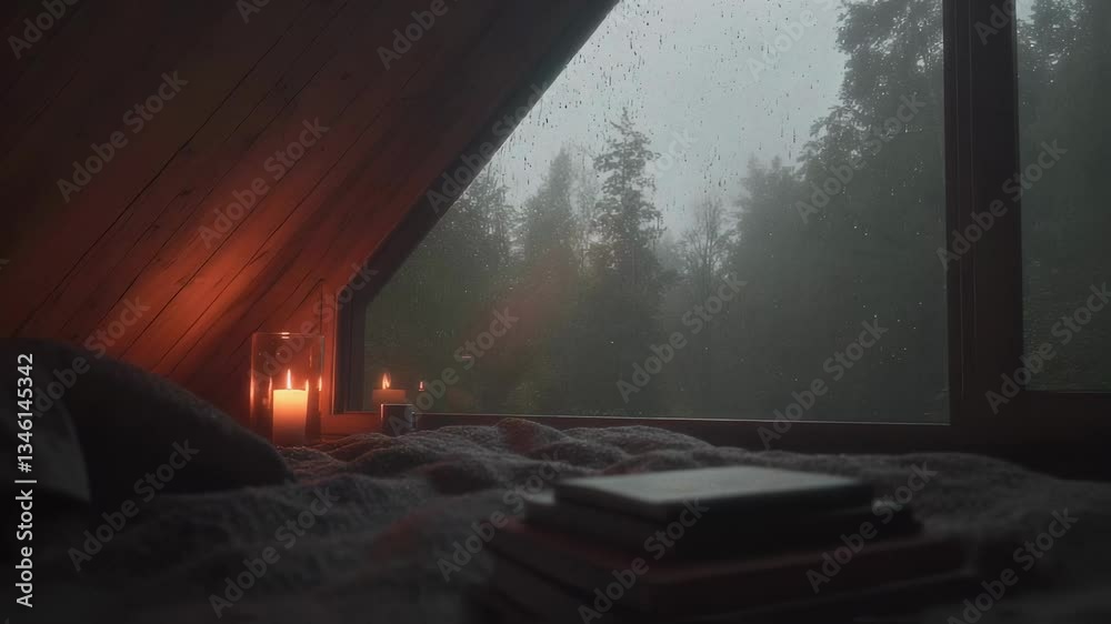 Warm and cozy attic space with a view of a rainy forest. Candles flicker on the windowsill, casting a soft light that enhances the peaceful ambiance