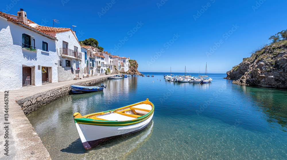 Fototapeta premium Picturesque fishing village with boats bobbing in calm water, creating serene atmosphere