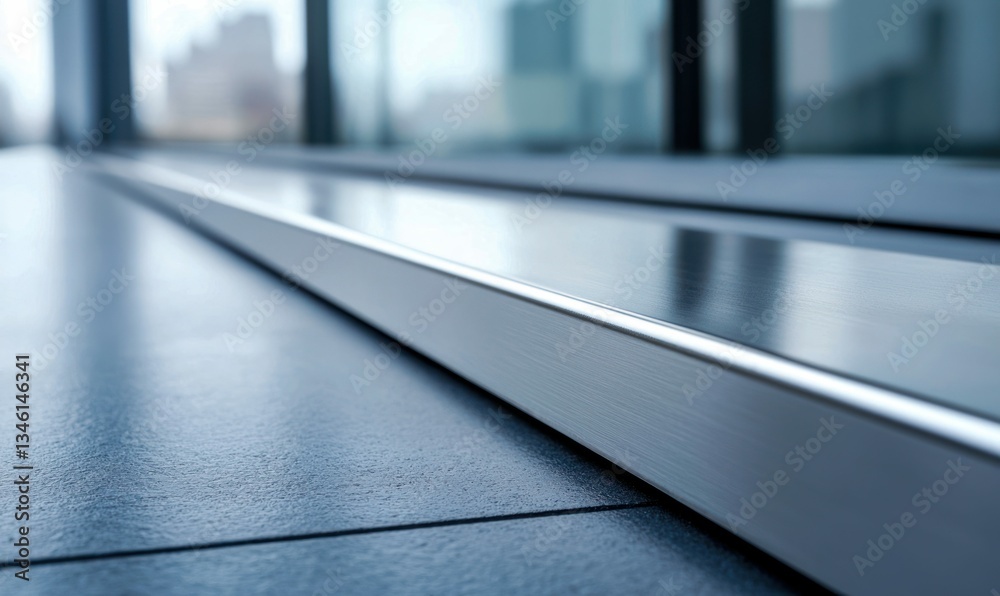 Fototapeta premium A modern metal threshold creates a sleek transition between an office interior and the city view.