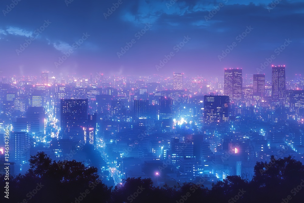 Fototapeta premium Illustration of a blue light nighttime cityscape in Yokohama, Japan. Generative Ai