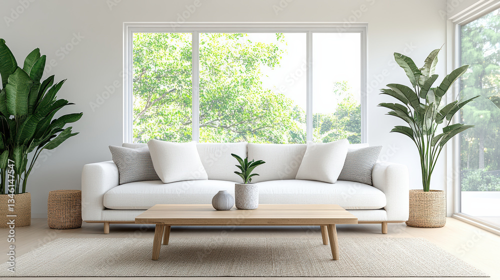 Stylish living room with modern furniture and greenery, creating serene atmosphere Stylish living room with modern furniture and greenery, creating serene atmosphere
