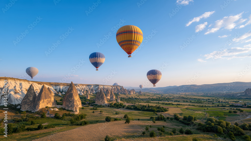Obraz premium Breathtaking hot air balloons soar over Cappadocia unique rock formations at sunset