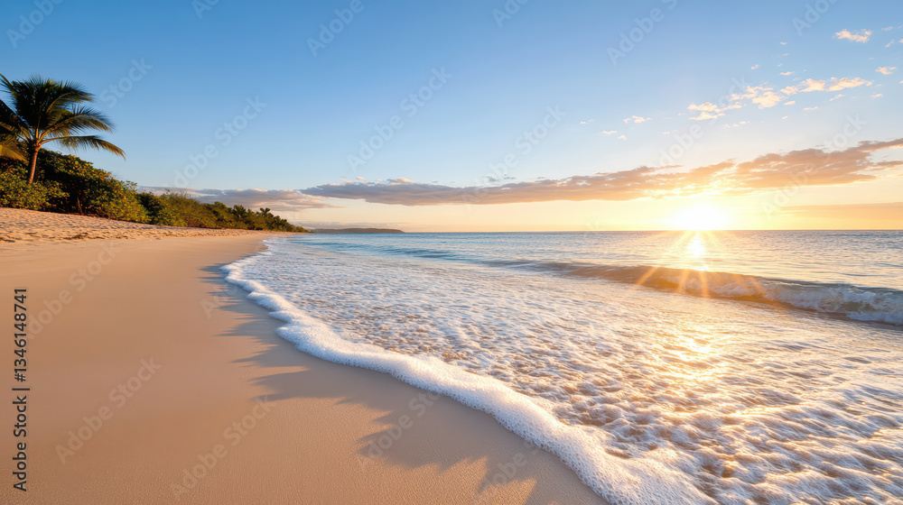 Obraz premium serene beach at sunset with gentle waves lapping at shore, creating peaceful atmosphere