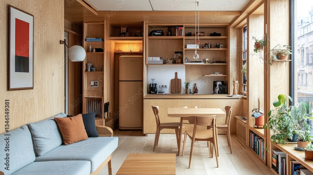 Fototapeta premium Cozy Scandinavian small studio apartment featuring light wood furniture and smart design elements