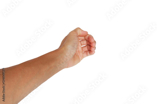 A man's hand showing a raised reaching gesture on a white background.