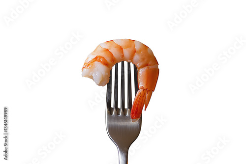 PNG cut out isolated background. A single cooked shrimp with a vibrant orange and white color, curled around the prongs of a silver fork.