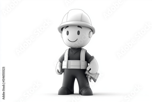 Cartoon worker with hard hat and safety vest standing