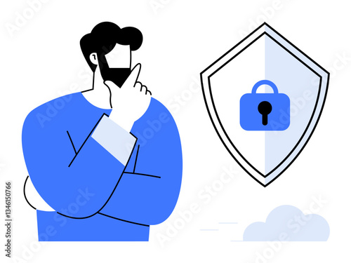 Man contemplating, standing next to shield with lock symbol to represent cybersecurity. Ideal for online security, data protection, privacy concerns, technology, IT support, identity safety, internet