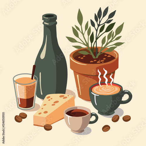 Flat vector illustration of a cozy coffee break with espresso, cappuccino, cheese, coffee beans, and a potted plant. Warm and inviting morning atmosphere, perfect for relaxation and inspiration.