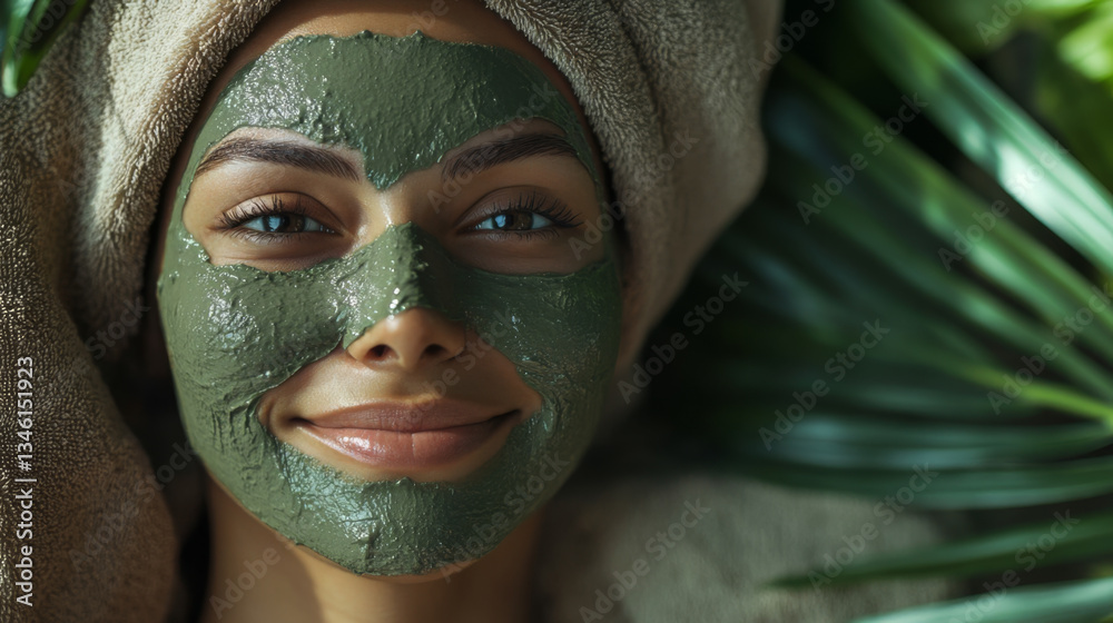 Woman Relaxing with Green Clay Face Mask at Spa Woman Relaxing with Green Clay Face Mask at Spa
