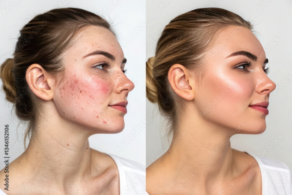 Redness-free skin results: Side-by-side comparison of woman’s rash and radiant skin after using recommended treatment, natural textures. Redness-free skin results: Side-by-side comparison of woman’s rash and radiant skin after using recommended treatment, natural textures.