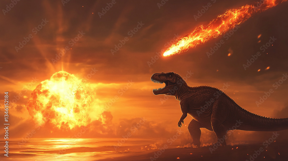 Fototapeta premium Dinosaur gazing at fiery meteor approaching Earth during dramatic sunset
