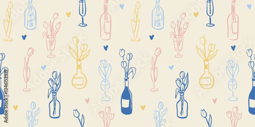 Seamless pattern with Tulips in wine bottle and glass. Conceptual, naive flower sketch. Hand drawn ink vector illustration. Element for poster, social media, banners, invitation.