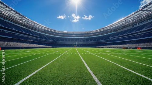 Empty football stadium under bright sunlight.