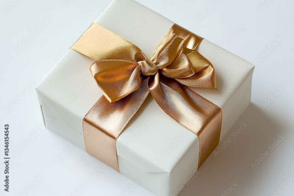 Obraz premium Isolated on a white background is a white present box with a golden ribbon bow. Generative Ai