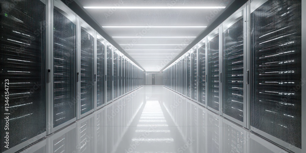 Modern White Data Center Server Room with Sleek Racks and Minimalist Design Modern White Data Center Server Room with Sleek Racks and Minimalist Design